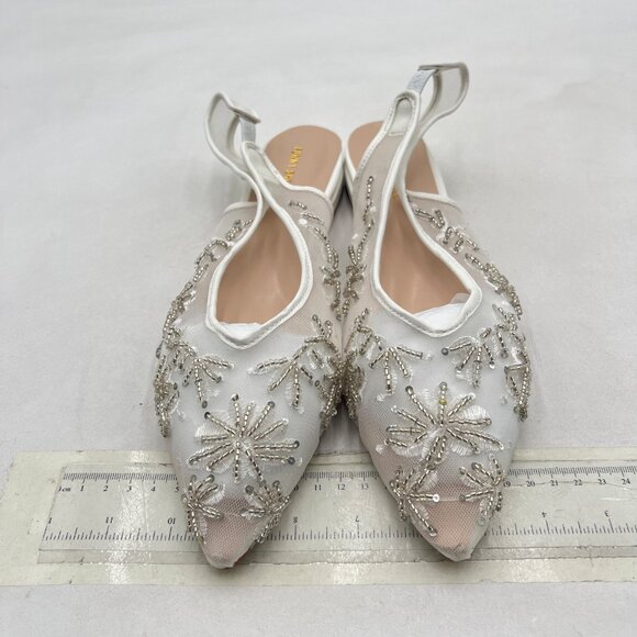 White Mesh Pearl Bridal Slingback Pump Pointed Toe Slip On Low Heel Wedding Shoe - Picture 2 of 7